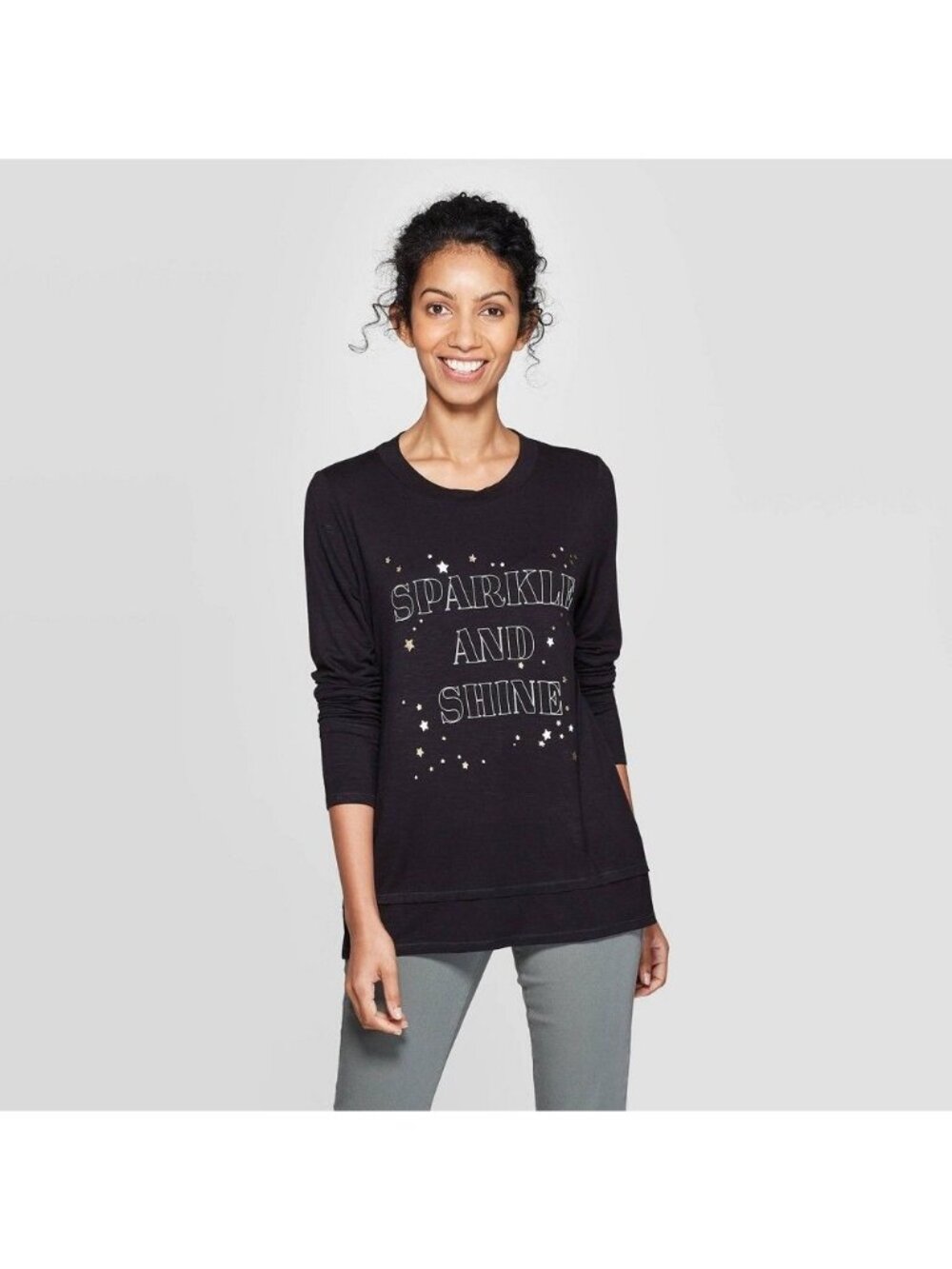 Knox Rose Womens Black Long-Sleeve Graphic Tee "Sparkle And Shine" S